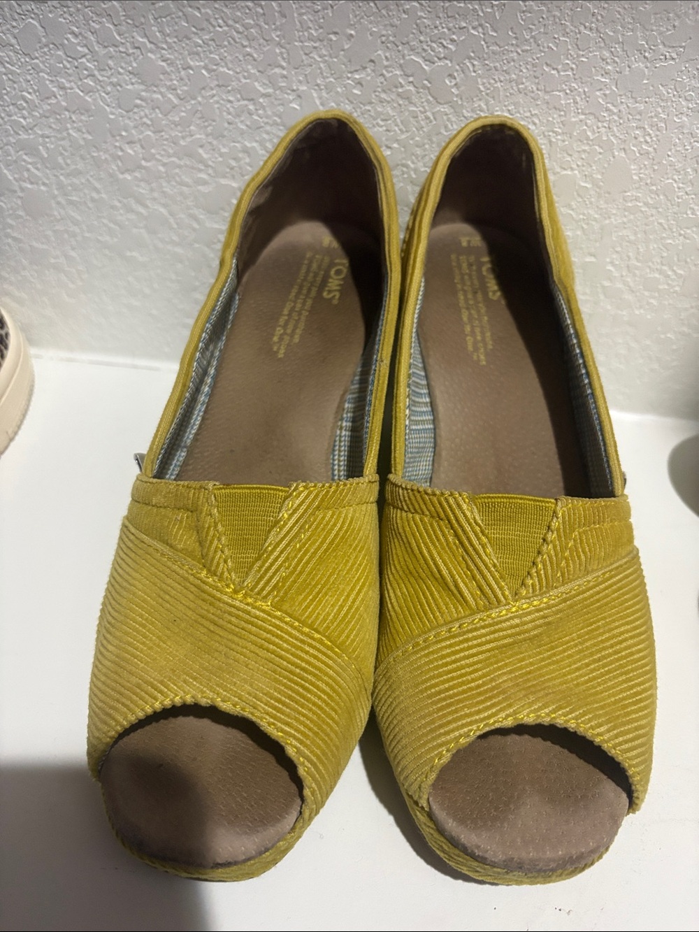 Toms Yellow Corduroy Peep-Toe Flats - Women's